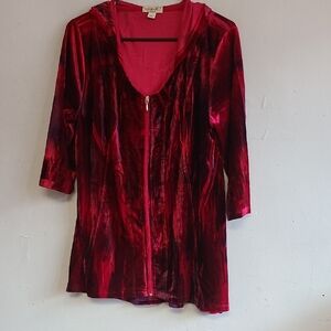 Women's XL large One World red & purple full zip jacket velour velvet hooded